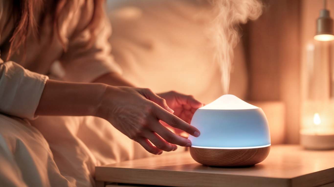 imagem de um difusor de aromaterapia para relaxação e uma pessoa tocando no difusor