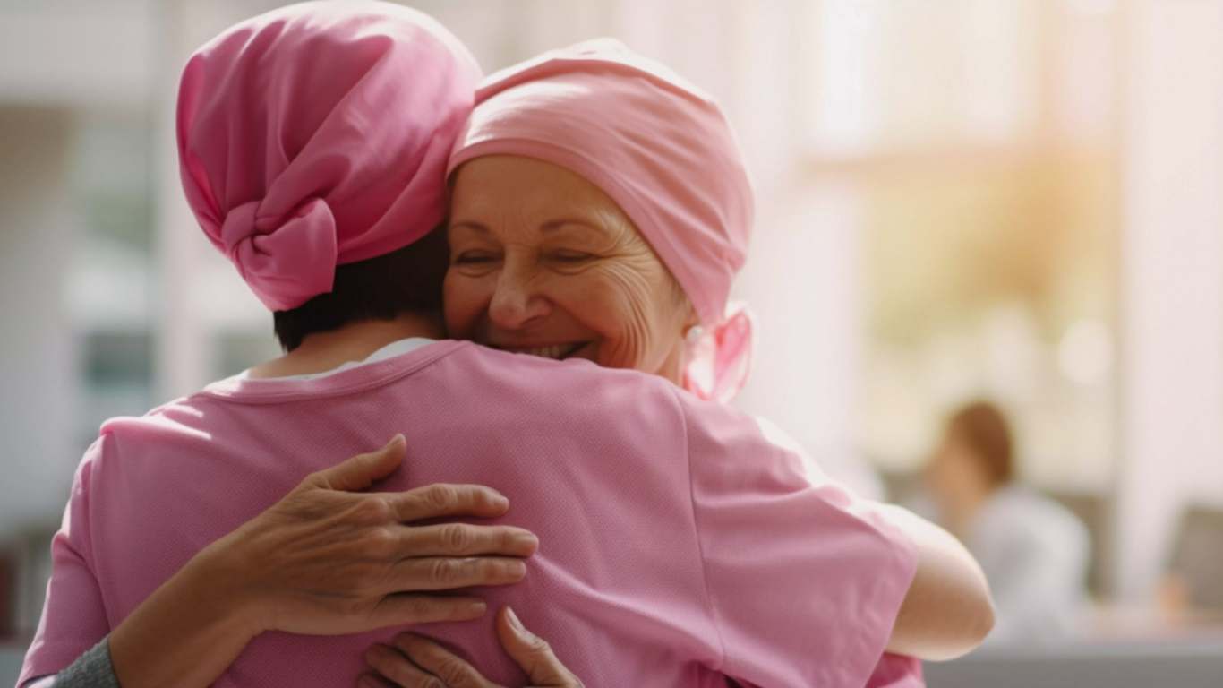 imagem de uma amiga acolhendo uma paciente com câncer de mama