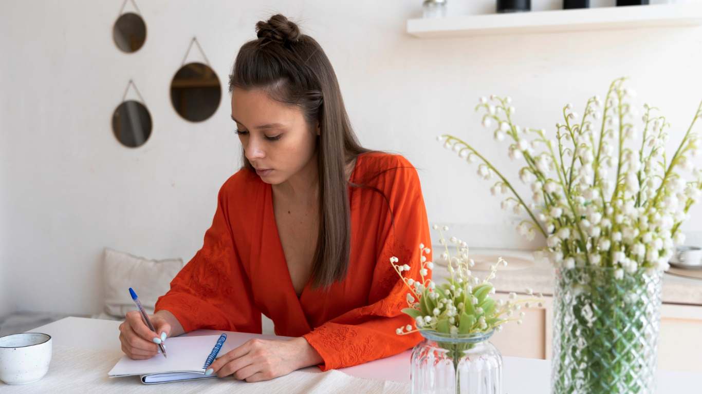 imagem de uma moça escrevendo suas metas no papel