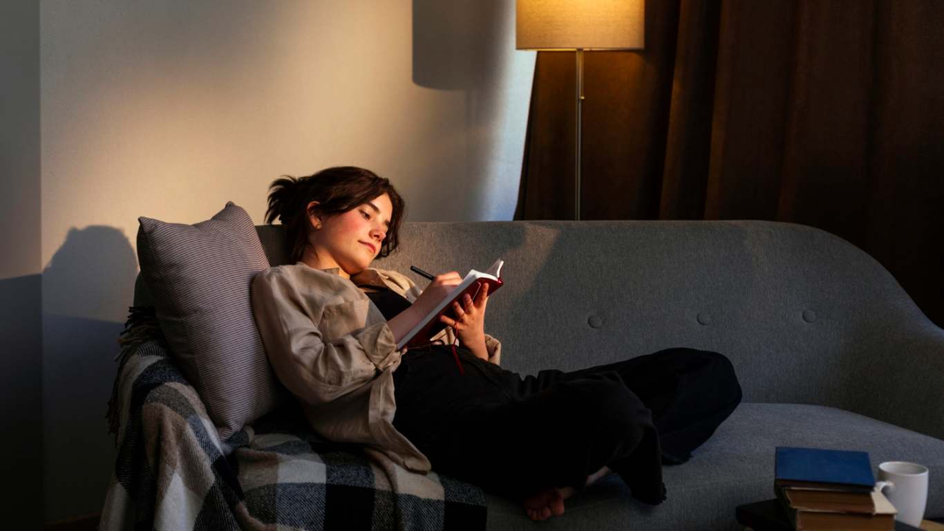 imagem de uma mulher deitada escrevendo no seu diario